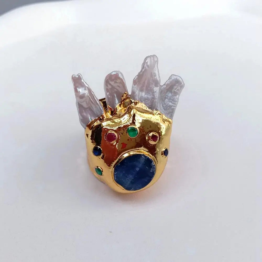 YYGEM White Biwa Pearl 10mm Blue Kyanite Gold Plated Finger Rings Adjustable Ring Designer Jewelry