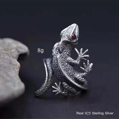 Buyee 925 Sterling Silver Male Unique Ring Finger Gray Lizard Animal Open Ring for Men Fashion Punk Big Fine Jewelry Circle