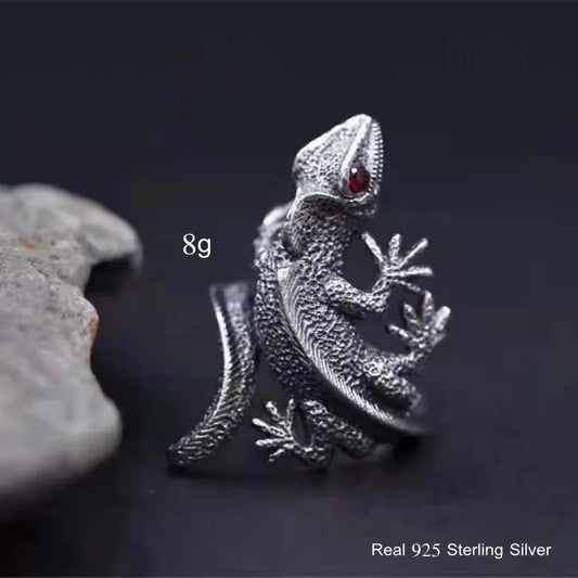 Buyee 925 Sterling Silver Male Unique Ring Finger Gray Lizard Animal Open Ring for Men Fashion Punk Big Fine Jewelry Circle