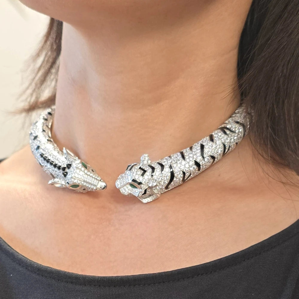 Luxury Sterling Silver Choker Necklace for Women Black Spot Giraffe Panther Silver Necklace Argent 925 Necklaces Leopard Jewelry