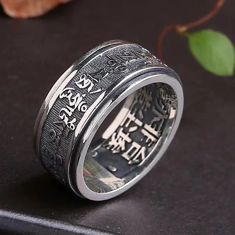 Real 925 Sterling Silver Vintage Rings Rotatable Tibetan Six Words Mantra Rings Om Mani Padme Hum Buddhist Jewelry