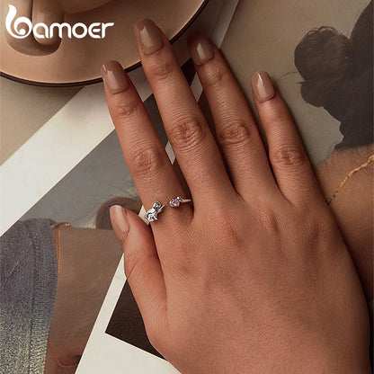 Bamoer Genuine 925 Sterling Silver Cute Cat And Dog Adjustable Ring For Women S925 Open Animal Ring Fine Jewelry Accessories