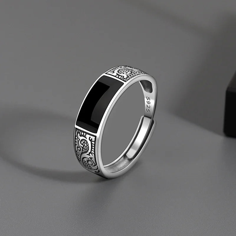 Trendy 925 Sterling Silver Ring For Men Jewelry Black Rectangle Retro Dragon Pattern Ring Male Infex Finger Accessories Open