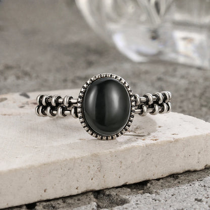 925 Sterling Silver Rings With Natural Black Onyx Stone Vintage Style Gear and Chain Shape Punk Rings Fine Jewelry for Woman Men