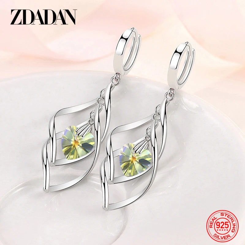 ZDADAN 925 Silver Hollow Blue Crystal Long Drop Earrings For Women Fashion Wedding Jewelry Gift