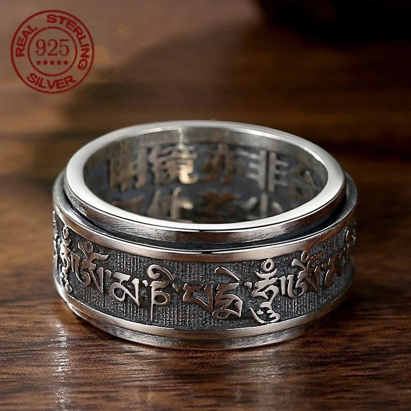 Real 925 Sterling Silver Vintage Rings  Rotatable Tibetan Six Words Mantra Rings Om Mani Padme Hum Buddhist Jewelry