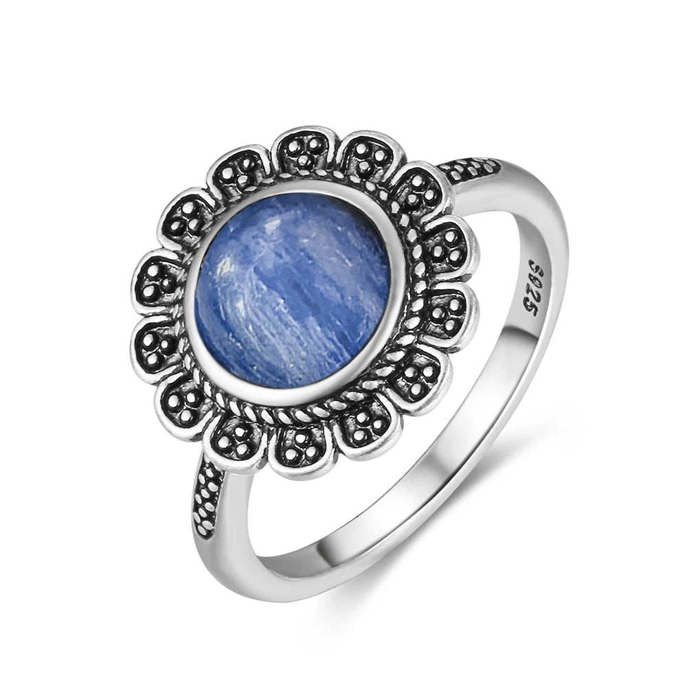 Vintage S925 Sterling Silver Ring Oval Round Natural Kyanite Ring Sun And Flower Shaped Retro Fine Jewelry For Women Men
