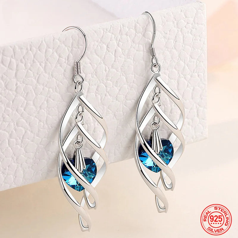 JewelryTop New Arrival 925 Sterling Silver Crystal Long Dangle Earrings For Women Lady Charm Wedding Party Jewelry Gift Noble