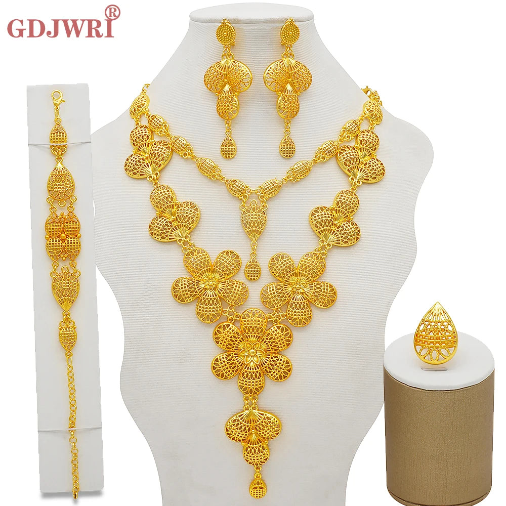 Dubai Jewelry Sets Gold Color Necklace & Earring Set For Women African France Wedding Party Jewelery Ethiopia Bridal Gifts
