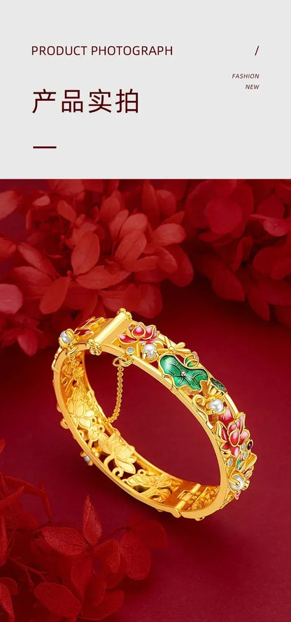 Fine pure gold AU999 real  24K  ethnic style enamel lotus bracelet pearl  buckle large  ladies  bracele