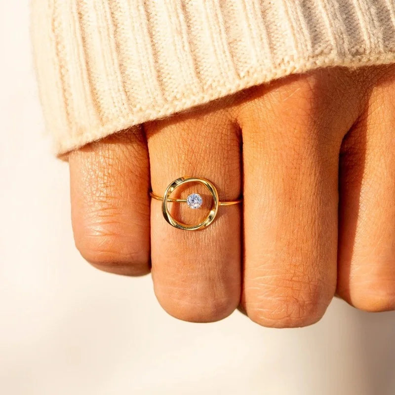 Trumium Solid 925 Sterling Silver 14k Gold Plated Hollow Circle rings for women Round Zircon Shinning Fine Jewelry Adjustable