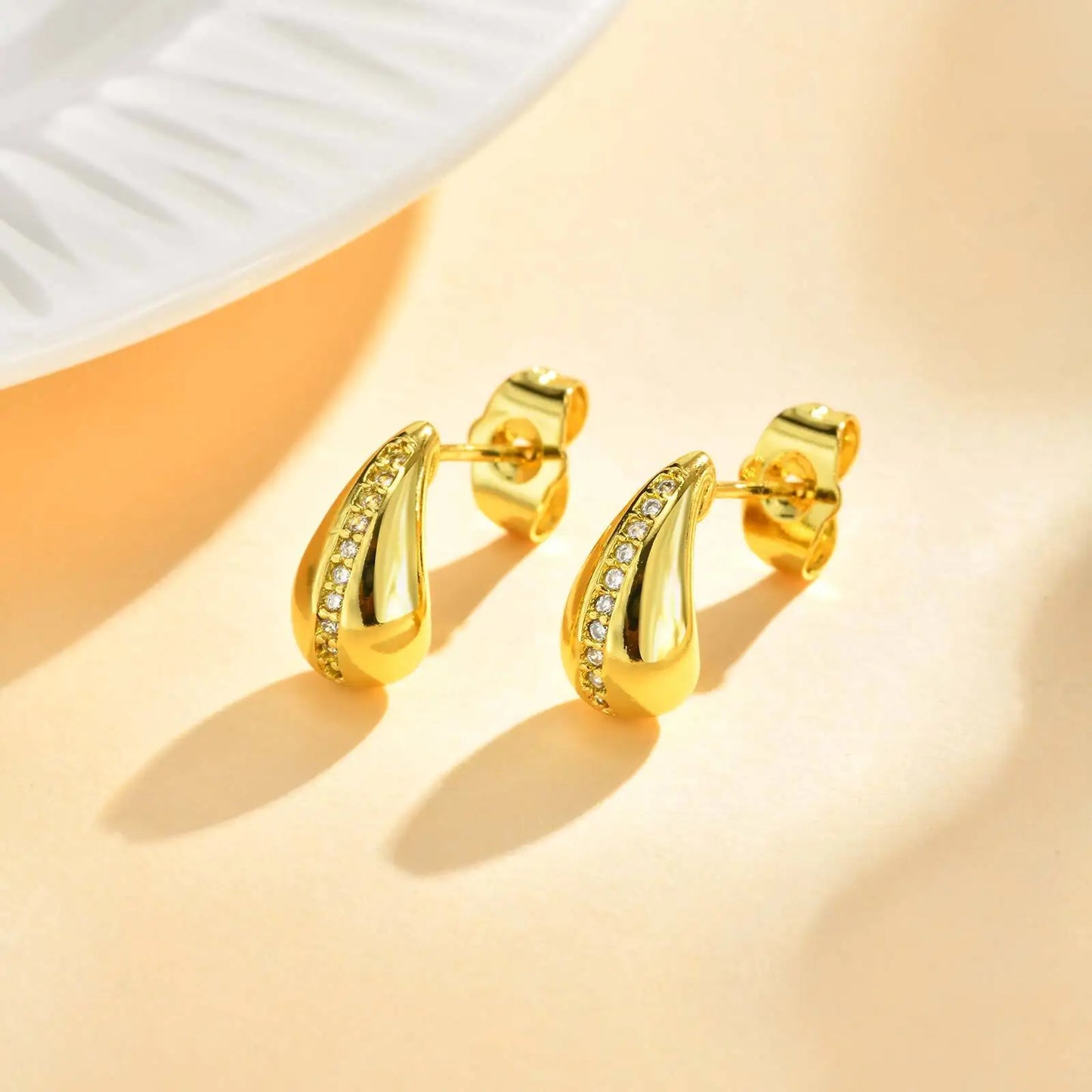 Teardrop Gold Plated Earrings for Women, Zirconia Water Droplet Stud Earring, Birthday Wedding Party Jewelery