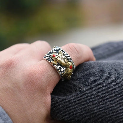 Classic and Domineering cameo mens rings Golden koi fish Retro 925 Thai Silver Trendy rings for women Banquet Jewelry Gift