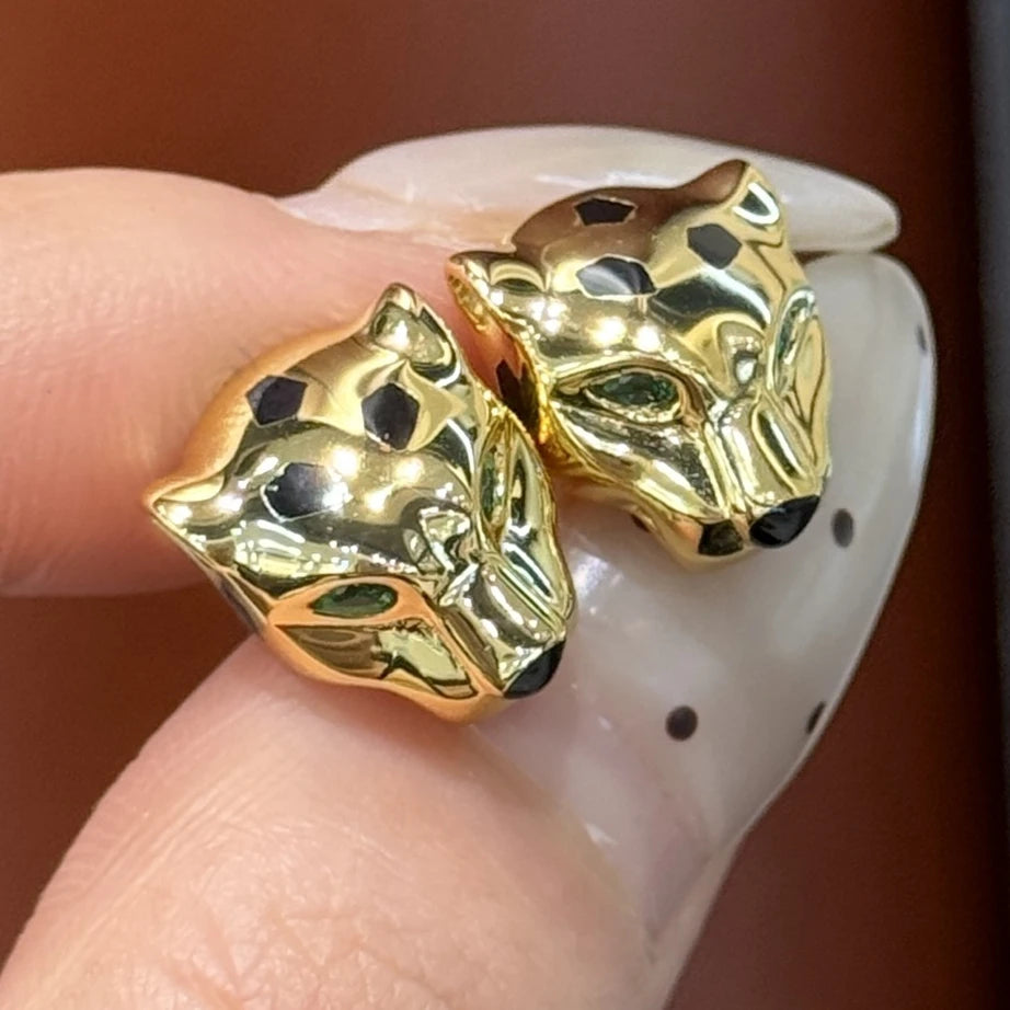 KQDANCE 925 Silver Black Enamel Emerald Green Pear Cut Carbon Diamond Leopard Head Earrings Studs 18K Gold Plate Luxury Jewelry