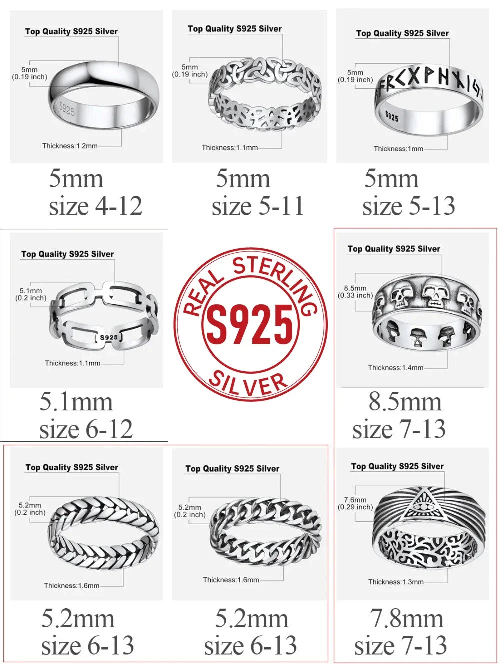 U7 925 Sterling Silver Unisex Rings 5mm-8mm Pattern Band Curb Link Chain Celtic Classic Plain Wedding Anniversary Couple Jewelry