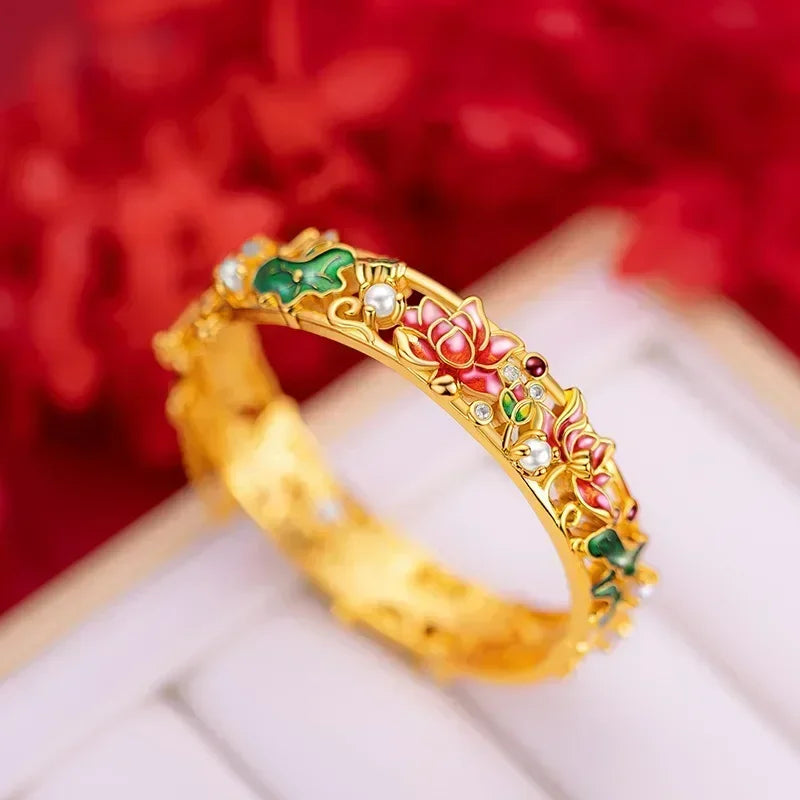 Fine pure gold AU999 real  24K  ethnic style enamel lotus bracelet pearl  buckle large  ladies  bracele