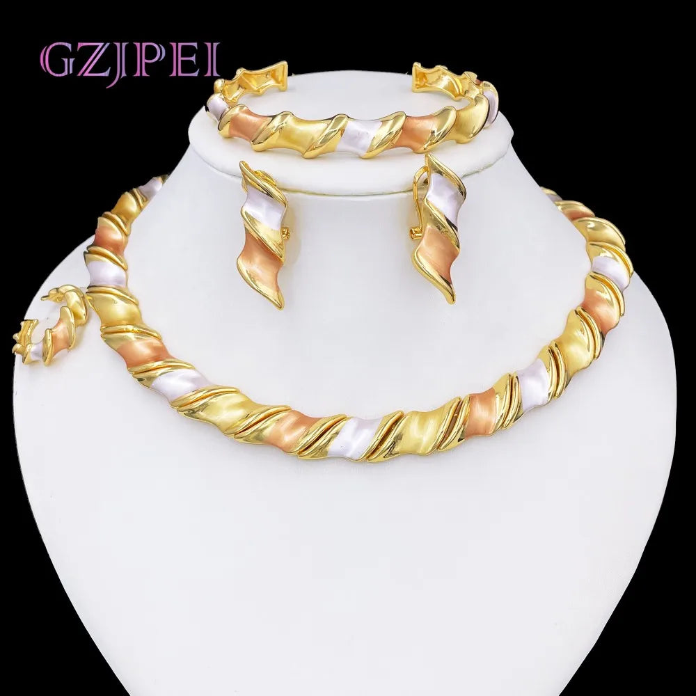 GZJPEI 2025 New Wedding Jewelry Set Luxury Dubai Women Jewelery Hight Quality Three Tone Stylish Party Accessories Gift For Love