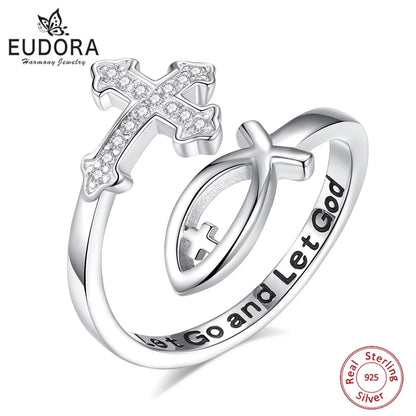 Eudora 925 Sterling Silver Cross Jesus Fish Adjustable Ring for Women Christian Blessed Cross Ichthus Ring Jewelry Gift for Mom