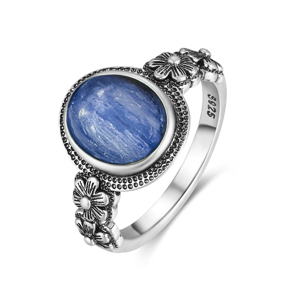 Vintage S925 Sterling Silver Ring Oval Round Natural Kyanite Ring Sun And Flower Shaped Retro Fine Jewelry For Women Men