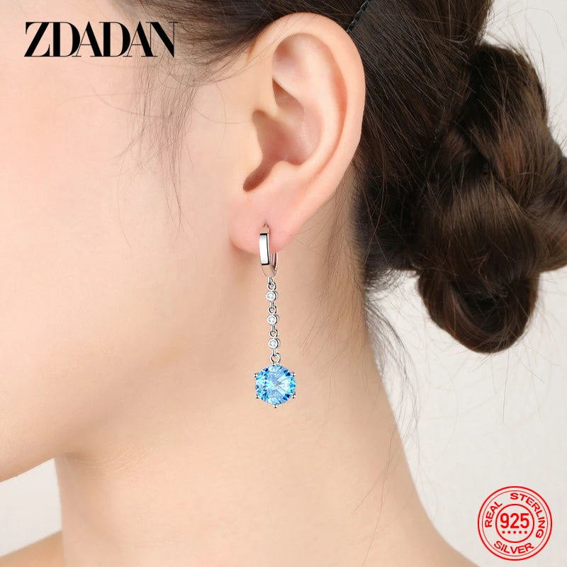 ZDADAN 925 Sterling Silver Blue Crystal Long Drop Earrings For Women Fashion Wedding Jewelry Gifts
