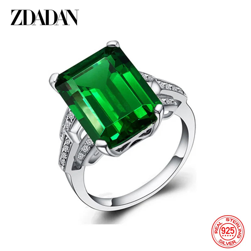 ZDADAN 925 Sterling Silver Charm Emerald Rings For Women Fashion Wedding Jewelry