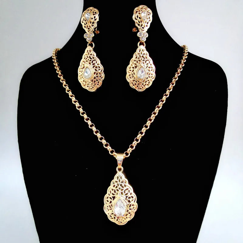 French jewelry water drop crystal necklace earrings Birthday party jewelry Arab banquet luxury gold color wedding jewelry