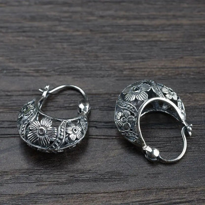S925 Sterling Silver Stud Earrings New Fashion Simple Ancient Hollow Flower Ear-studs Solid Pure Argentum Ear Jewelry for Women