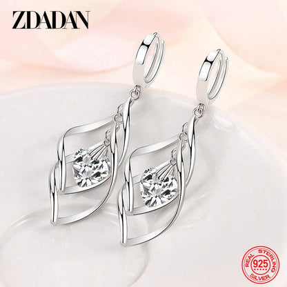 ZDADAN 925 Silver Hollow Blue Crystal Long Drop Earrings For Women Fashion Wedding Jewelry Gift