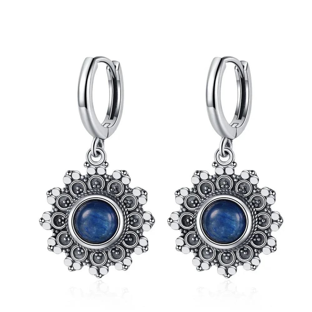 S925 Silver Snowflake Natural Kyanite Earrings for Women Round 6MM Blue Stone Vintage Jewelry Party Anniversary Gifts