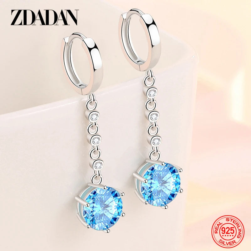ZDADAN 925 Sterling Silver Blue Crystal Long Drop Earrings For Women Fashion Wedding Jewelry Gifts