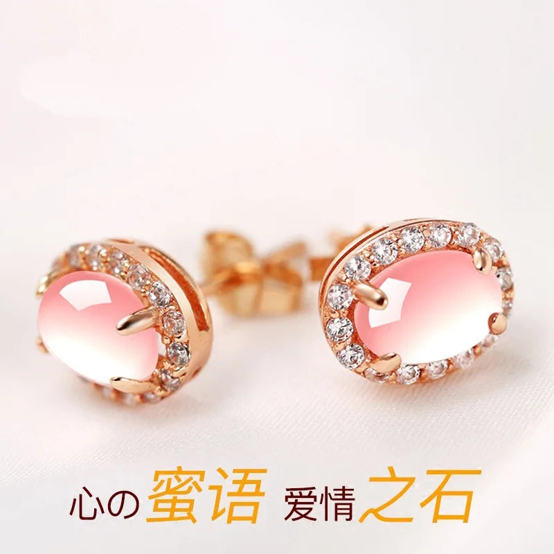 Luxury Pink Quartz 14k Rose Gold Stud Earrings for Women Romantic Elegant Female Fine Daily Jewelry Earrings Designer Jewelry