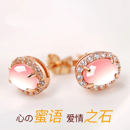 Luxury Pink Quartz 14k Rose Gold Stud Earrings for Women Romantic Elegant Female Fine Daily Jewelry Earrings Designer Jewelry