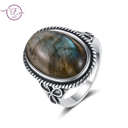 S925 Silver Retro Natural Labradorite Flower Rings Jewelry Silver Large Tiger Eye Engagement Wedding Gift for Women