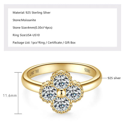 Lnngy 4MM Moissanite Four Leaf Clover Ring For Women Exquisite Anelli Argento 925 Sterling Silver Wedding Rings Jewelry Gift