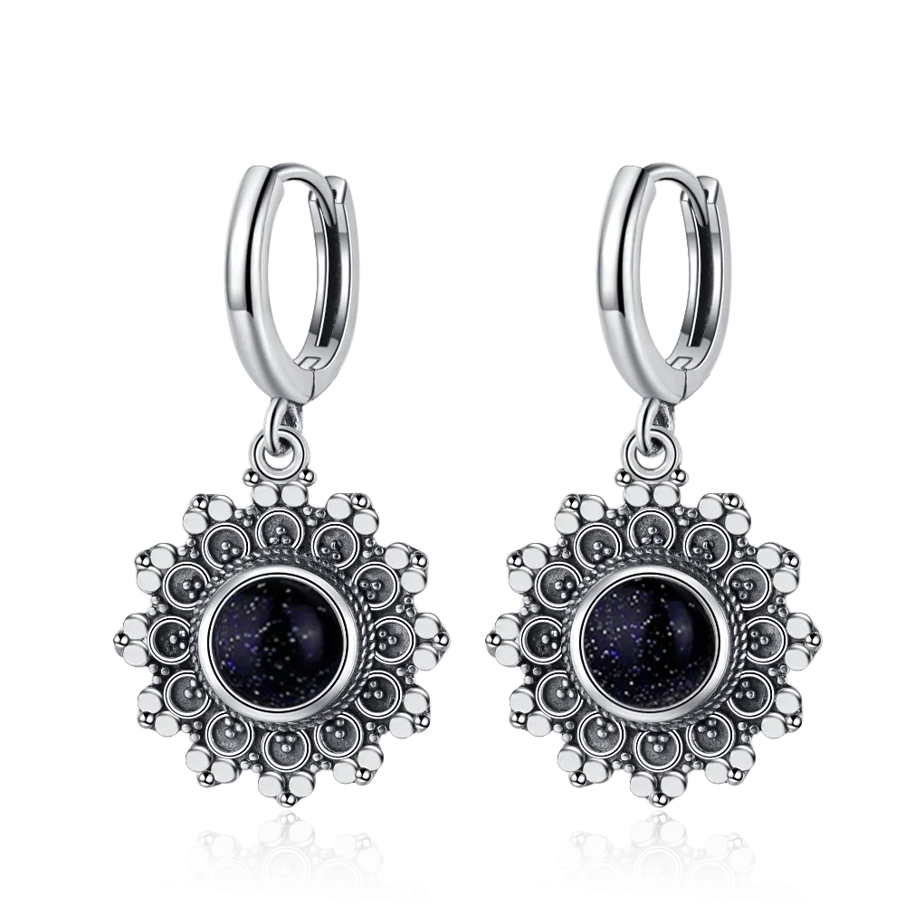 S925 Silver Snowflake Natural Kyanite Earrings for Women Round 6MM Blue Stone Vintage Jewelry Party Anniversary Gifts