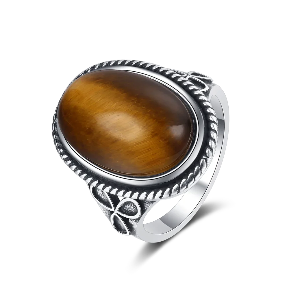 S925 Silver Retro Natural Labradorite Flower Rings Jewelry Silver Large Tiger Eye Engagement Wedding Gift for Women