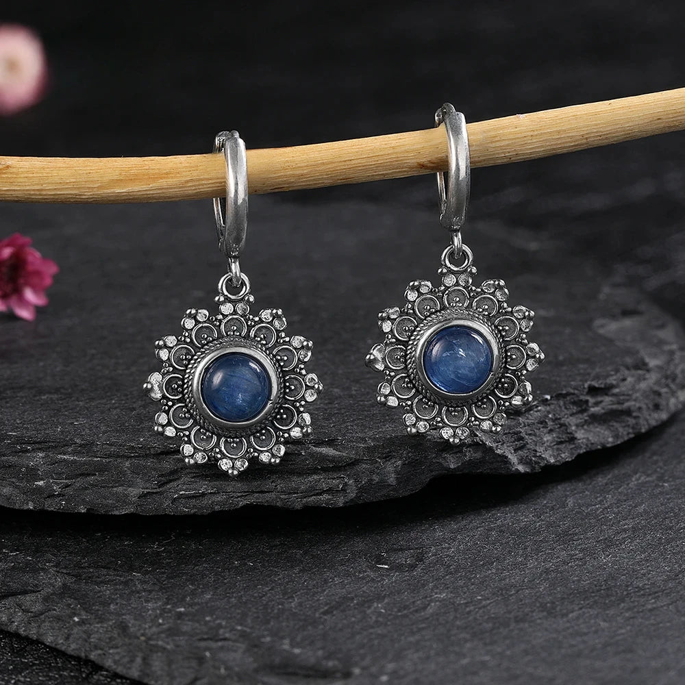 S925 Silver Snowflake Natural Kyanite Earrings for Women Round 6MM Blue Stone Vintage Jewelry Party Anniversary Gifts