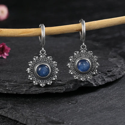 S925 Silver Snowflake Natural Kyanite Earrings for Women Round 6MM Blue Stone Vintage Jewelry Party Anniversary Gifts