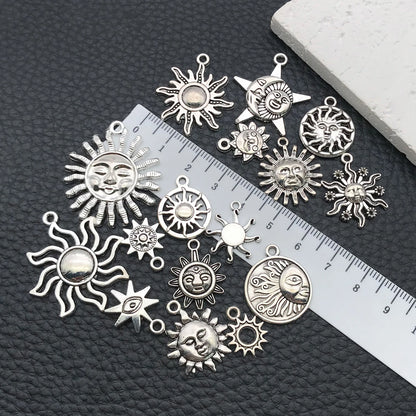 16/20pcs Antique Silver Celestial Series Set (Sun/Stars/Moon) - Perfect for Crafting Necklace, Bracelet & Earring Accessories.