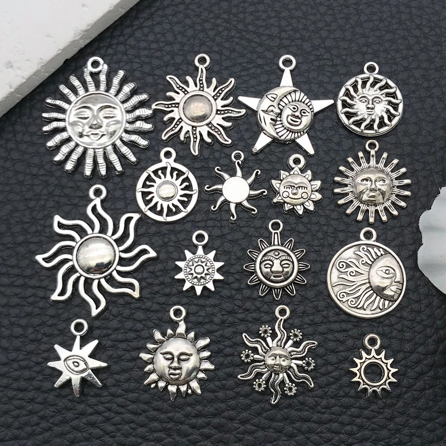 16/20pcs Antique Silver Celestial Series Set (Sun/Stars/Moon) - Perfect for Crafting Necklace, Bracelet & Earring Accessories.