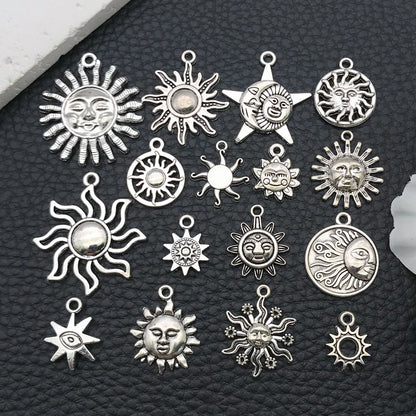 16/20pcs Antique Silver Celestial Series Set (Sun/Stars/Moon) - Perfect for Crafting Necklace, Bracelet & Earring Accessories.
