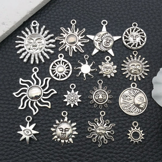 16/20pcs Antique Silver Celestial Series Set (Sun/Stars/Moon) - Perfect for Crafting Necklace, Bracelet & Earring Accessories.