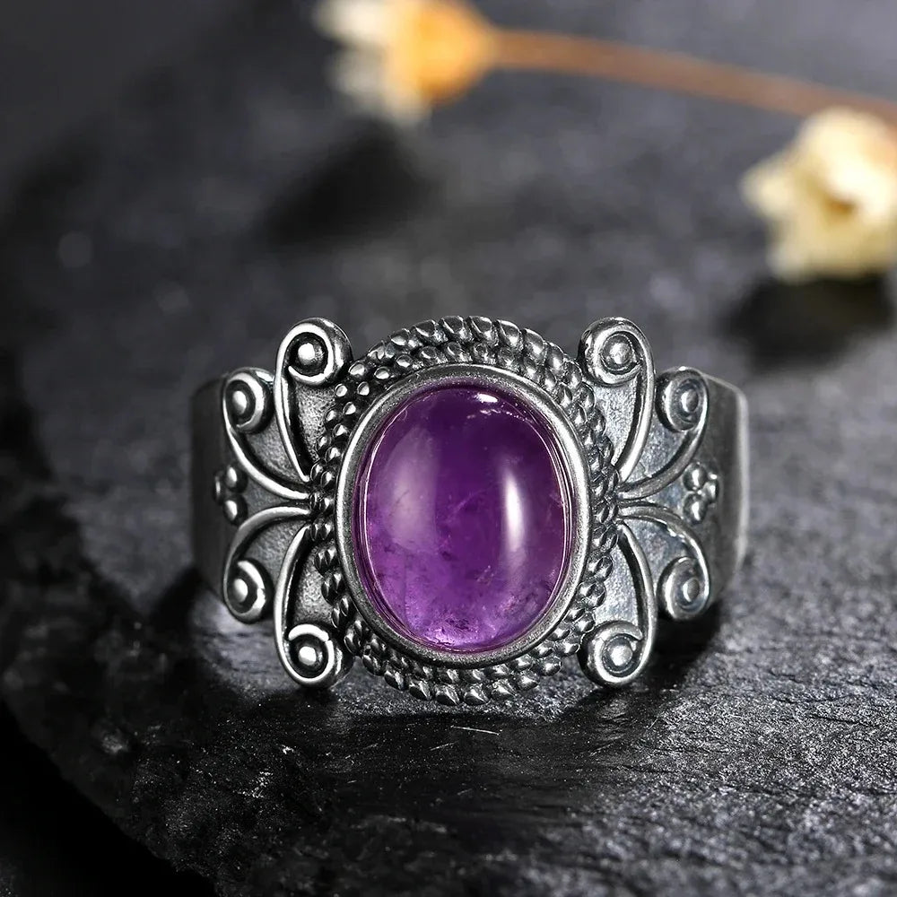 Retro Natural Ring for Men Women  Tiger's Eye Rhodochrosite Kyanite Amethyst Stone Rings Jewelry Party Birthday Gift Wholesale