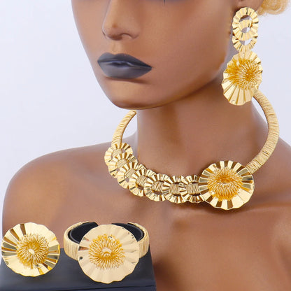 Nigerian Luxury Jewelery Sets for Women Dubai India Bridal Necklace Earrings Ring Bracelet Gold Plated Wedding Party Gift Set