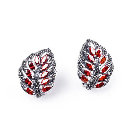 S925 Sterling Silver Stud Earrings for Women New Women's Fashion Relief Leaf Marcasite Garnet Agate Silver Ear-Clip Jewelry
