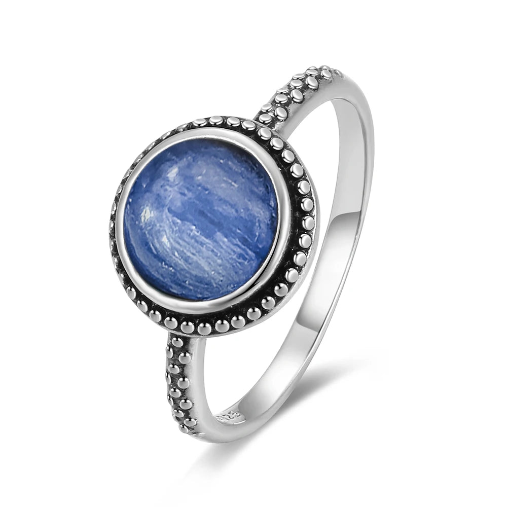 Vintage S925 Sterling Silver Ring Oval Round Natural Kyanite Ring Sun And Flower Shaped Retro Fine Jewelry For Women Men