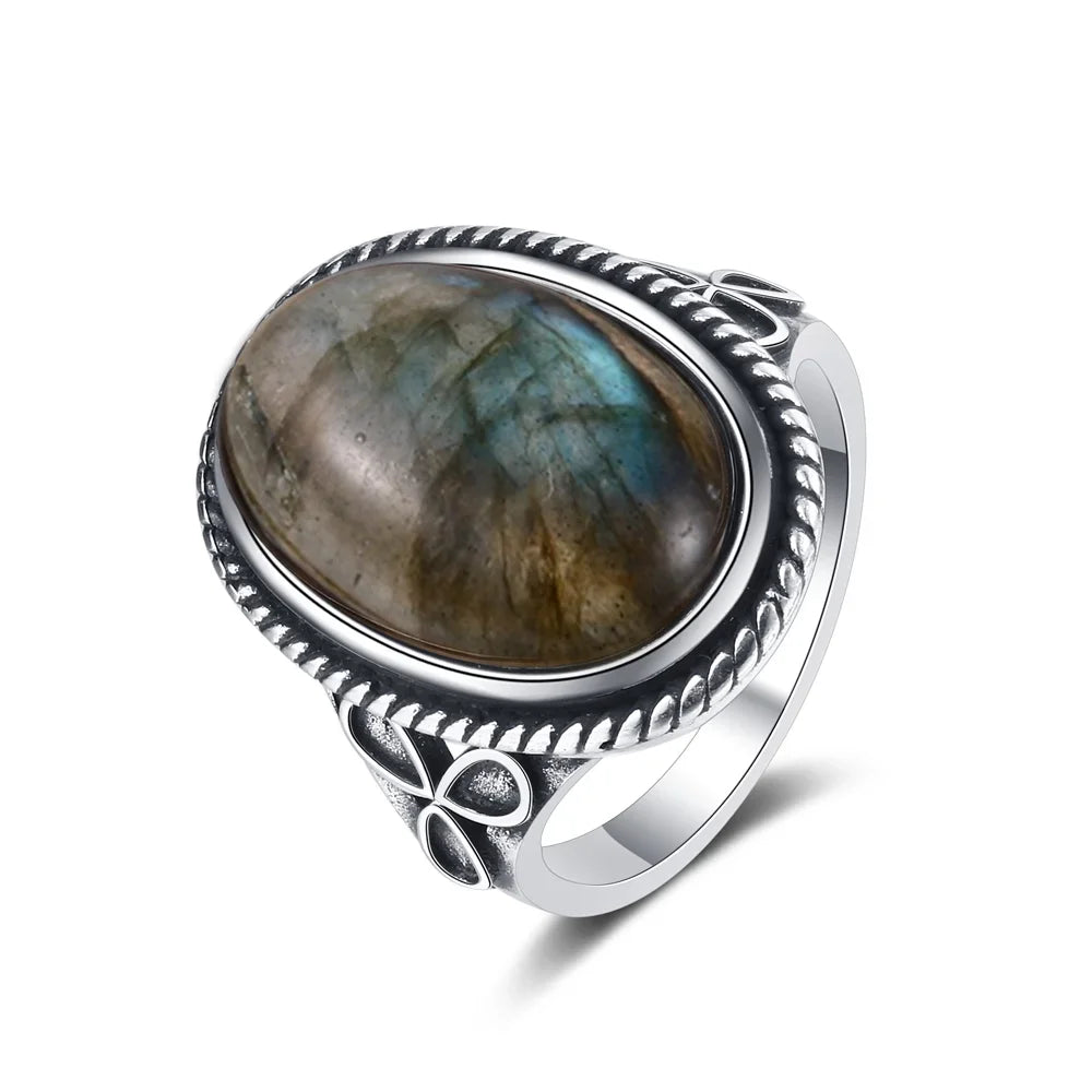 S925 Silver Retro Natural Labradorite Flower Rings Jewelry Silver Large Tiger Eye Engagement Wedding Gift for Women