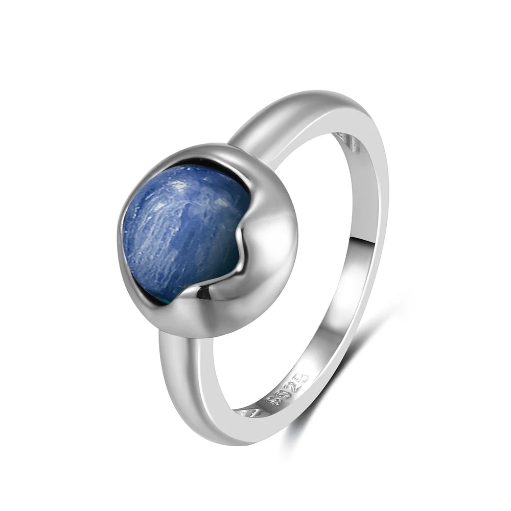 Vintage S925 Sterling Silver Ring Oval Round Natural Kyanite Ring Sun And Flower Shaped Retro Fine Jewelry For Women Men