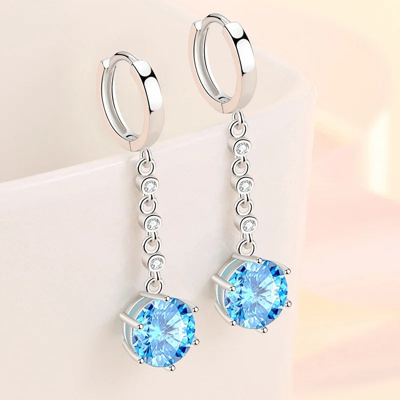 ZDADAN 925 Sterling Silver Blue Crystal Long Drop Earrings For Women Fashion Wedding Jewelry Gifts