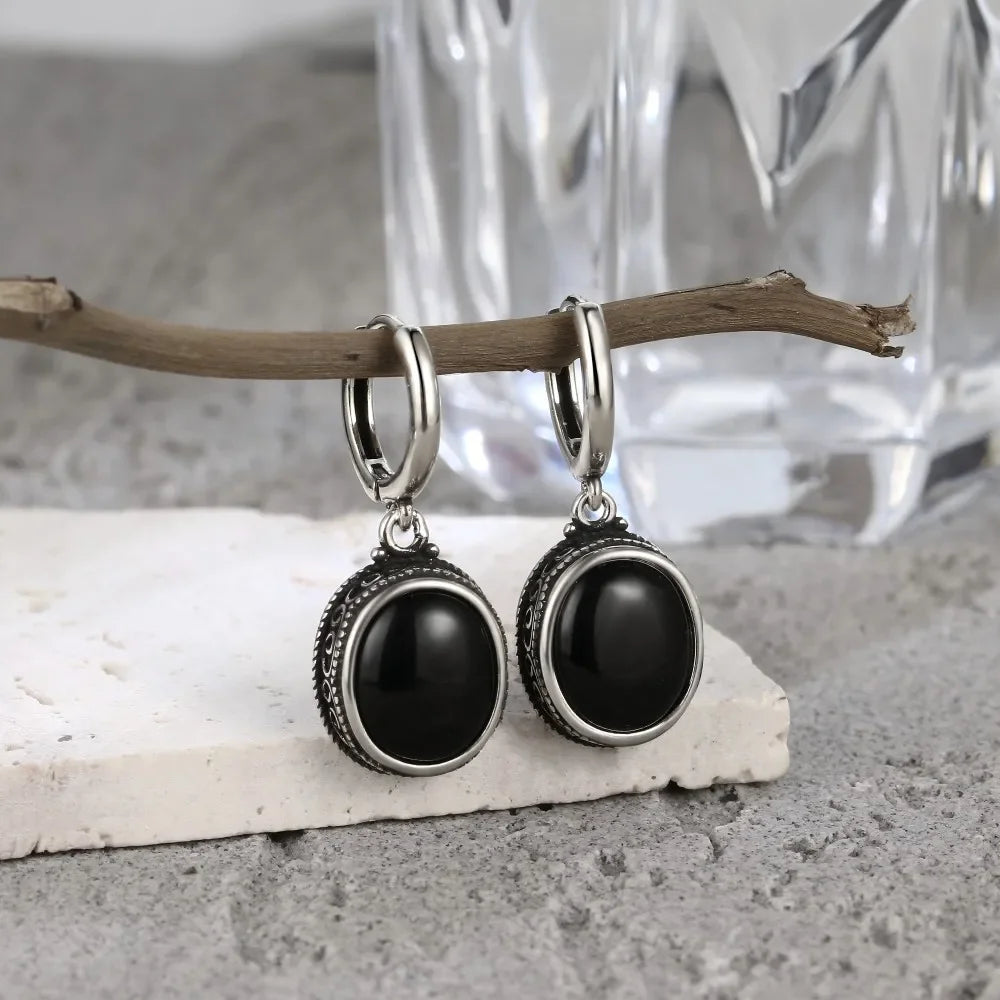 Vintage 925 Sterling Silver Earring Oval Natural Kyanite Stone Moonstone Labradorite Hoop Earrings With Necklace Set For Women